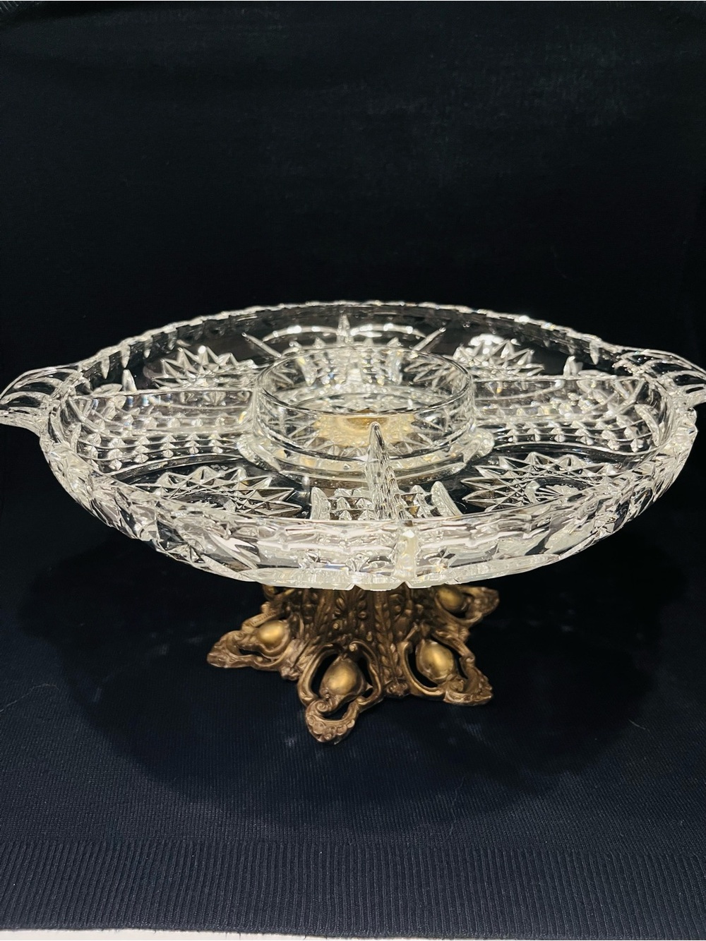 Antique Lead Crystal & Brass Divided Footed Dish 1900’s
